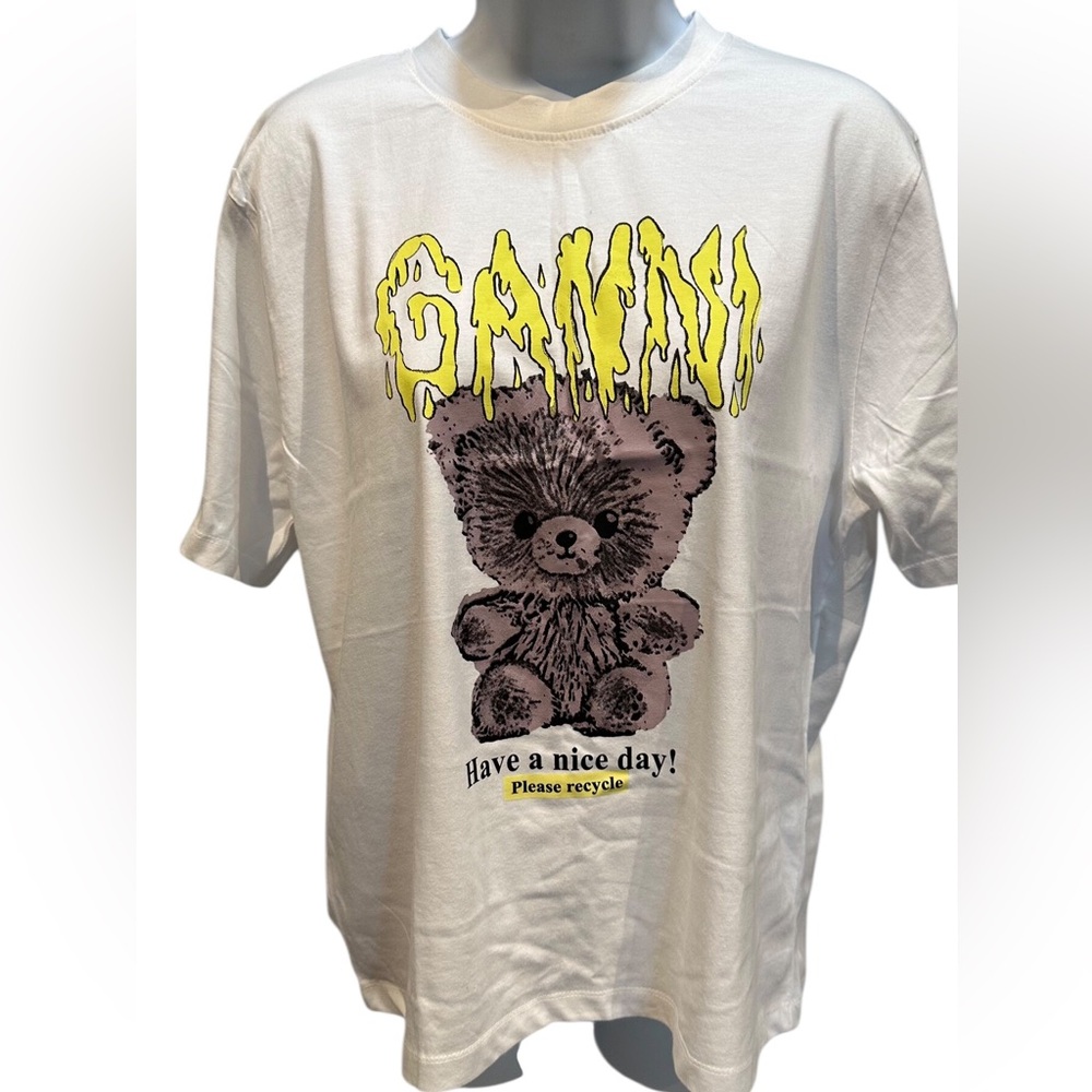 Ganni Relaxed Jersey Teddy Bear Graphic Tee White Size Large NWOT